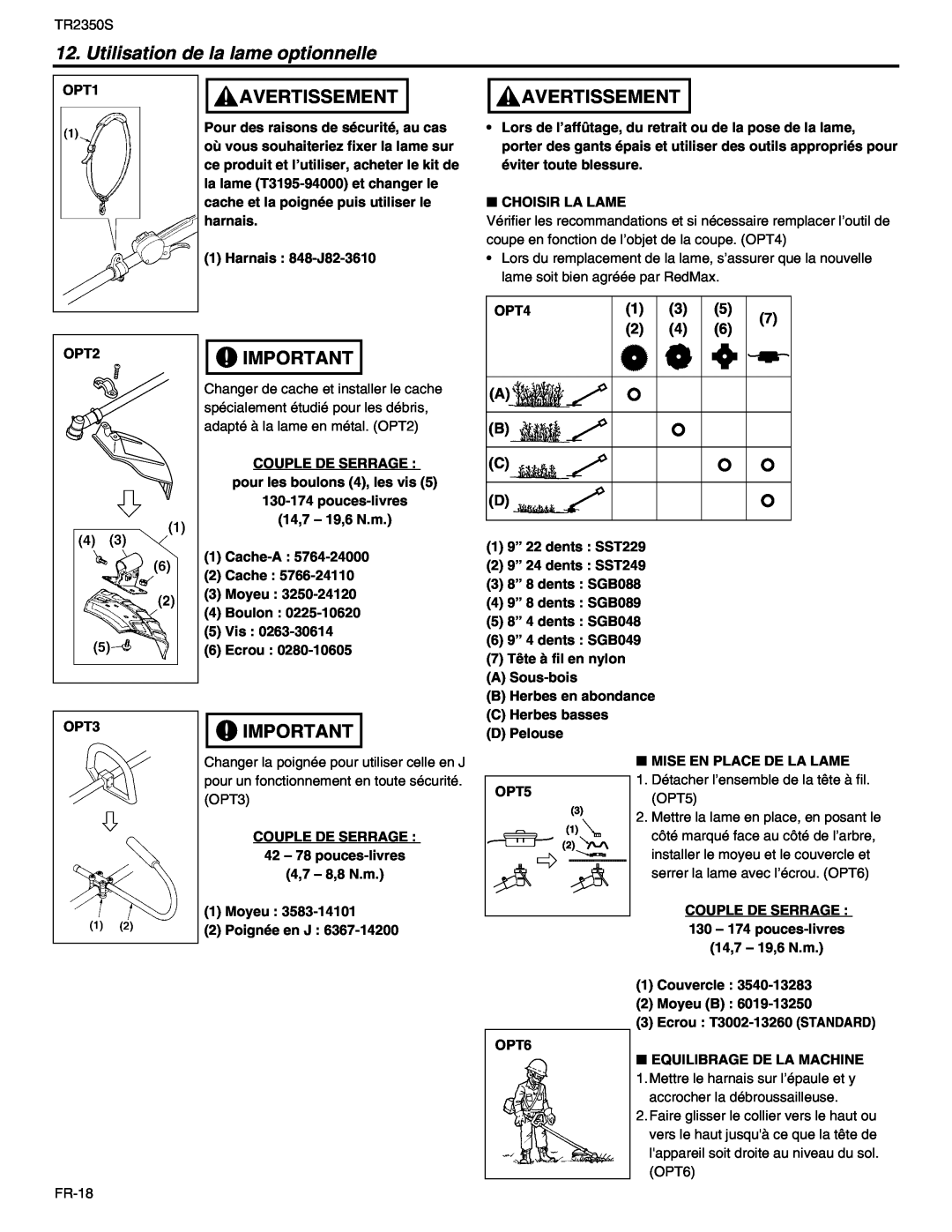 RedMax TR2350S manual Utilisation de la lame optionnelle, Avertissement 