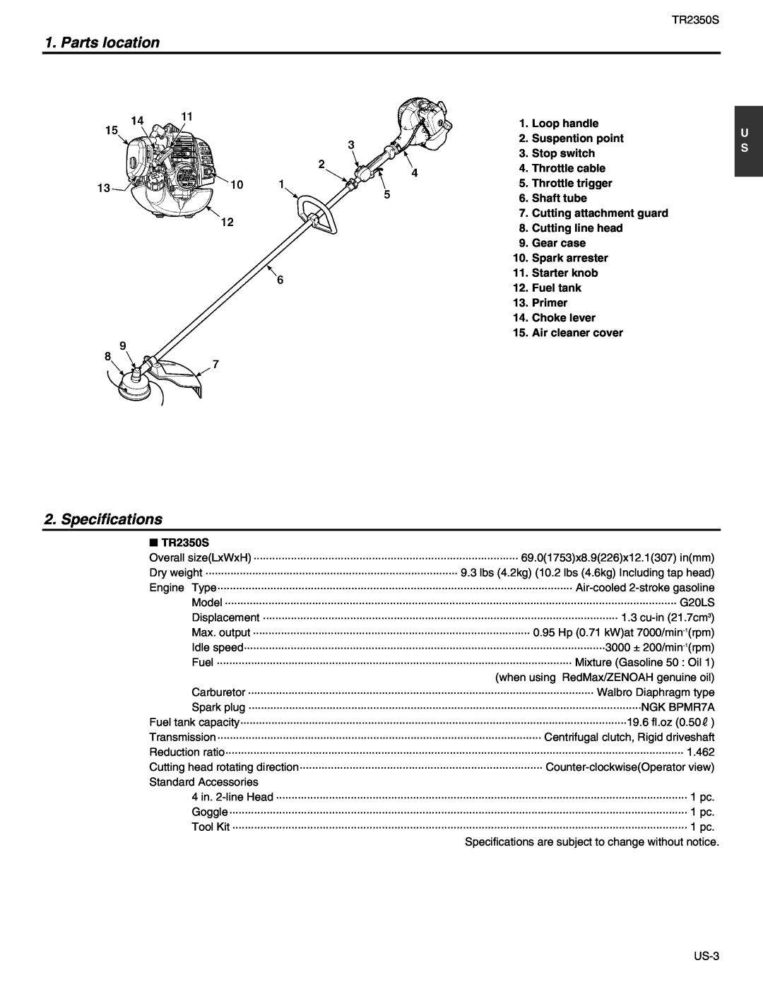 RedMax TR2350S manual Parts location, Specifications 