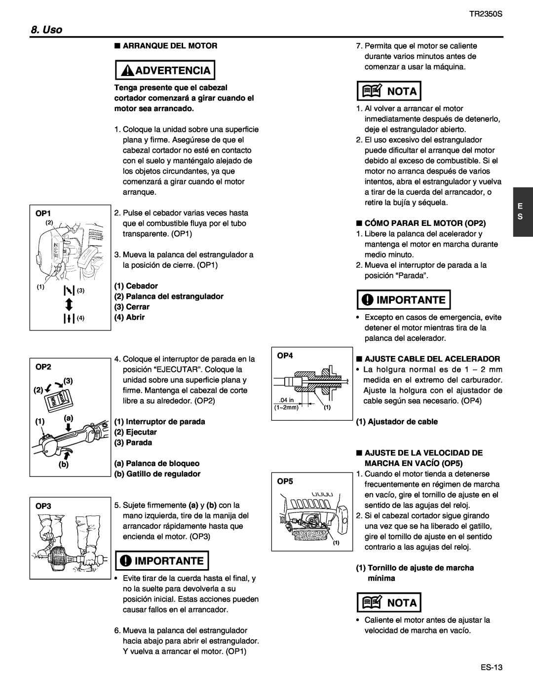 RedMax TR2350S manual Uso, Advertencia, Nota, Importante 