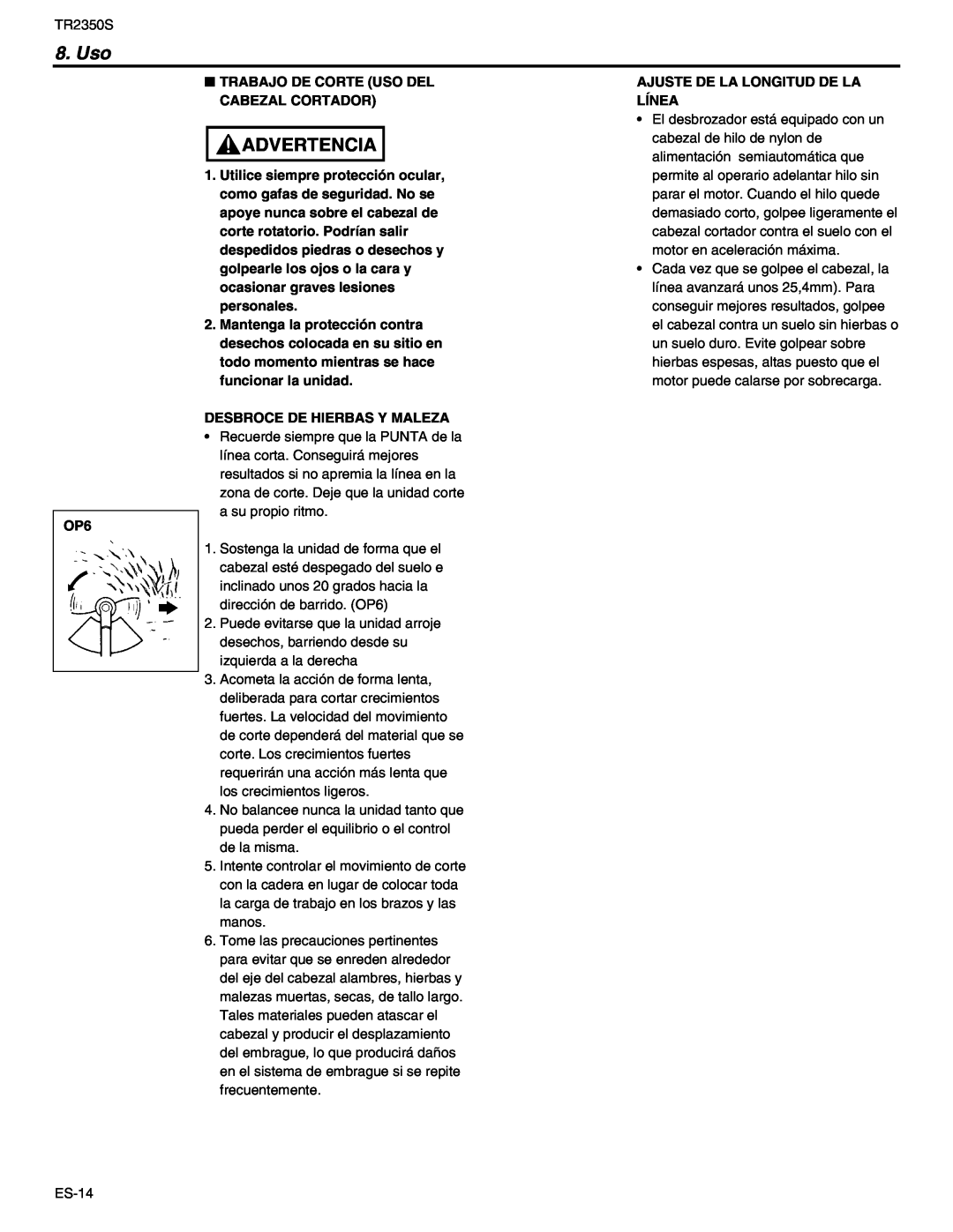 RedMax TR2350S manual Advertencia, Trabajo De Corte Uso Del Cabezal Cortador, Desbroce De Hierbas Y Maleza 
