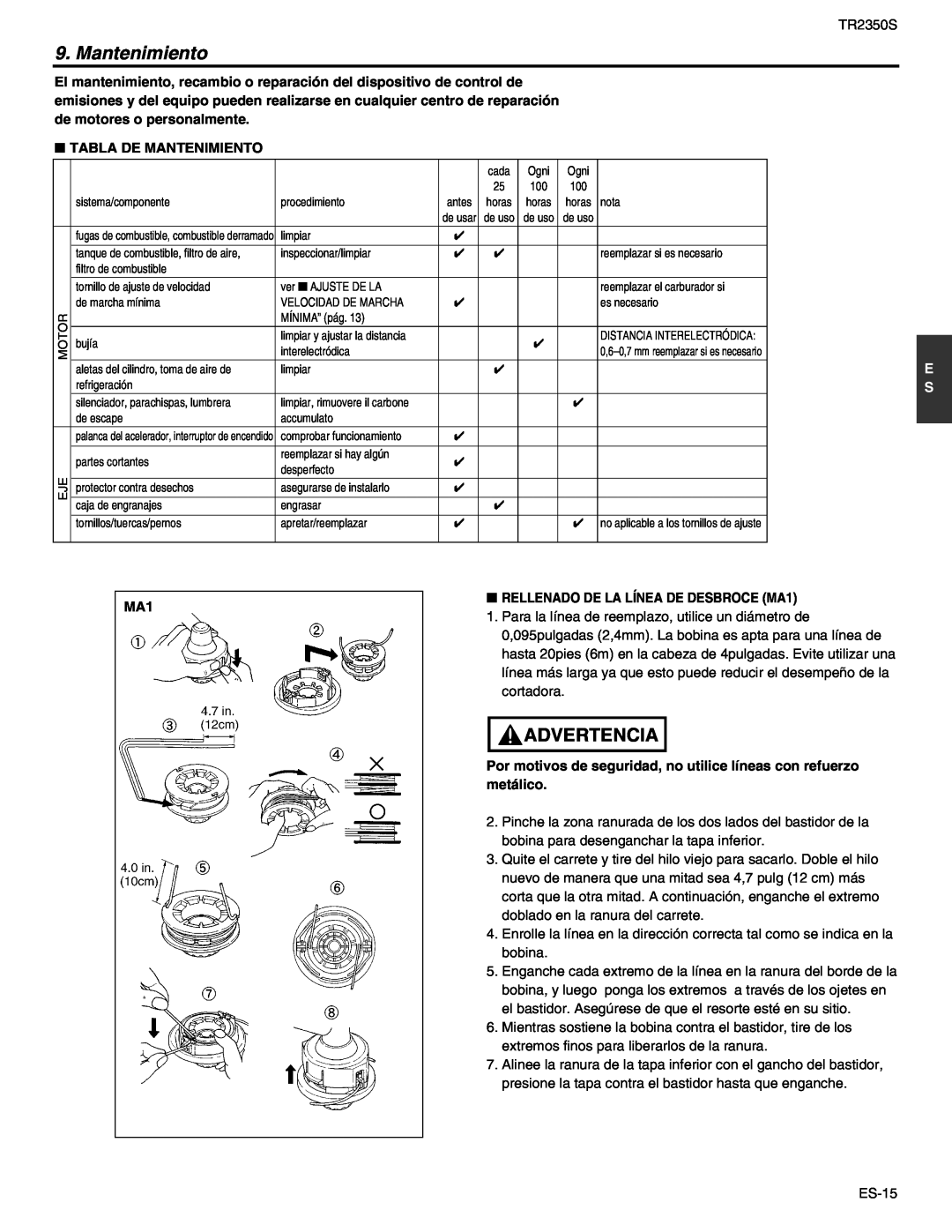 RedMax TR2350S manual Advertencia, Tabla De Mantenimiento, RELLENADO DE LA LÍNEA DE DESBROCE MA1 