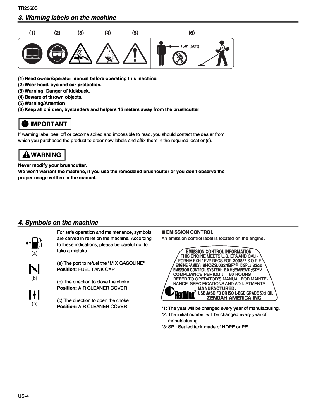RedMax TR2350S manual Warning labels on the machine, Symbols on the machine, Emission Control Information 