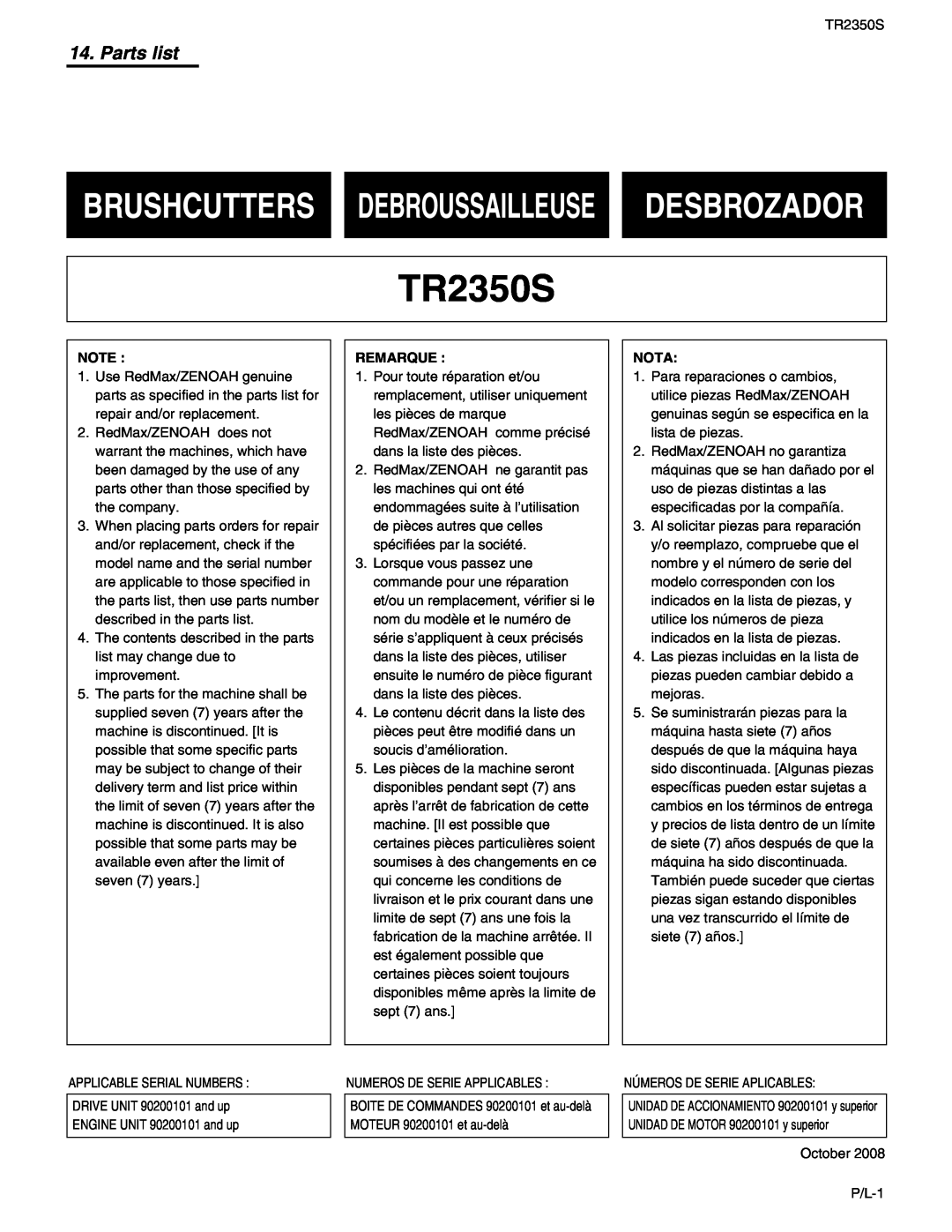 RedMax TR2350S manual Brushcutters Debroussailleuse Desbrozador, Parts list 