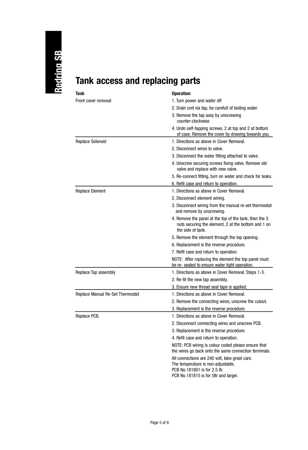 Redring 1070800E, 1070835E, 1070830E, 1070825E, 1070815E, 1070820E, 1070810E Tank access and replacing parts, Task Operation 