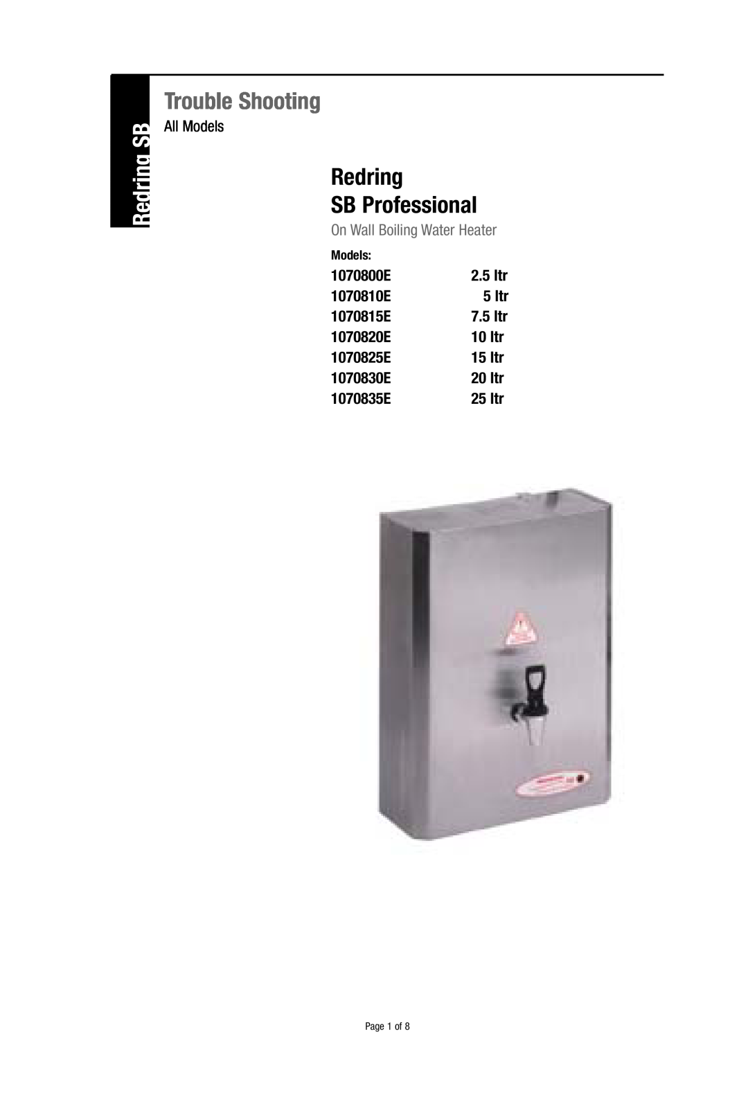 Redring 1070830E manual Redring SB Professional, Trouble Shooting, On Wall Boiling Water Heater, 1070800E, 1070810E 