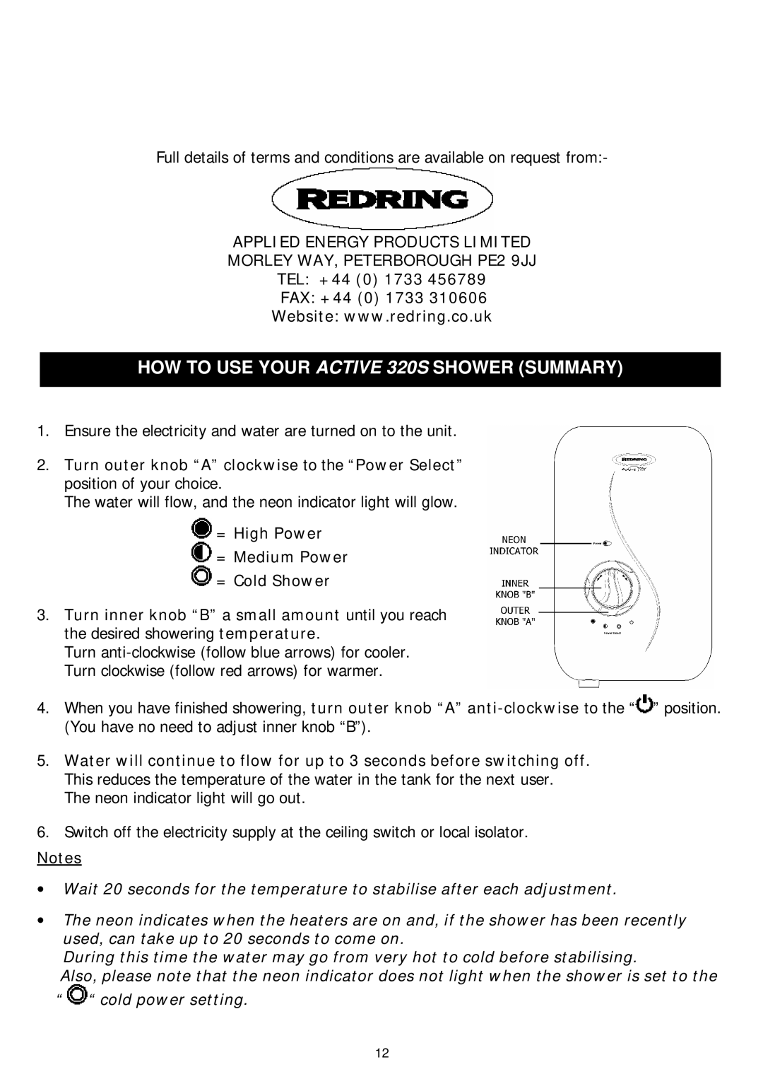 Redring manual HOW to USE Your Active 320S Shower Summary, TEL +44 0 1733 FAX +44 0 1733 