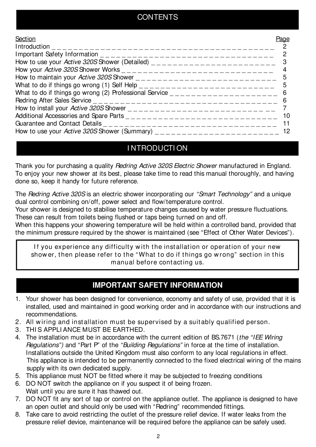 Redring 320S manual Contents, Introduction 