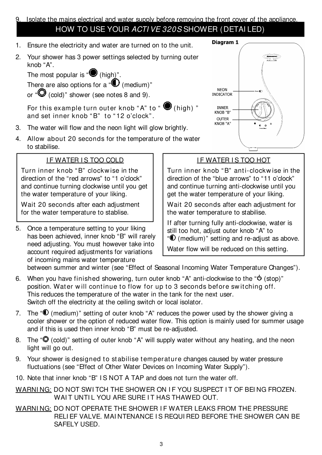 Redring manual HOW to USE Your Active 320S Shower Detailed, If Water is TOO Cold 