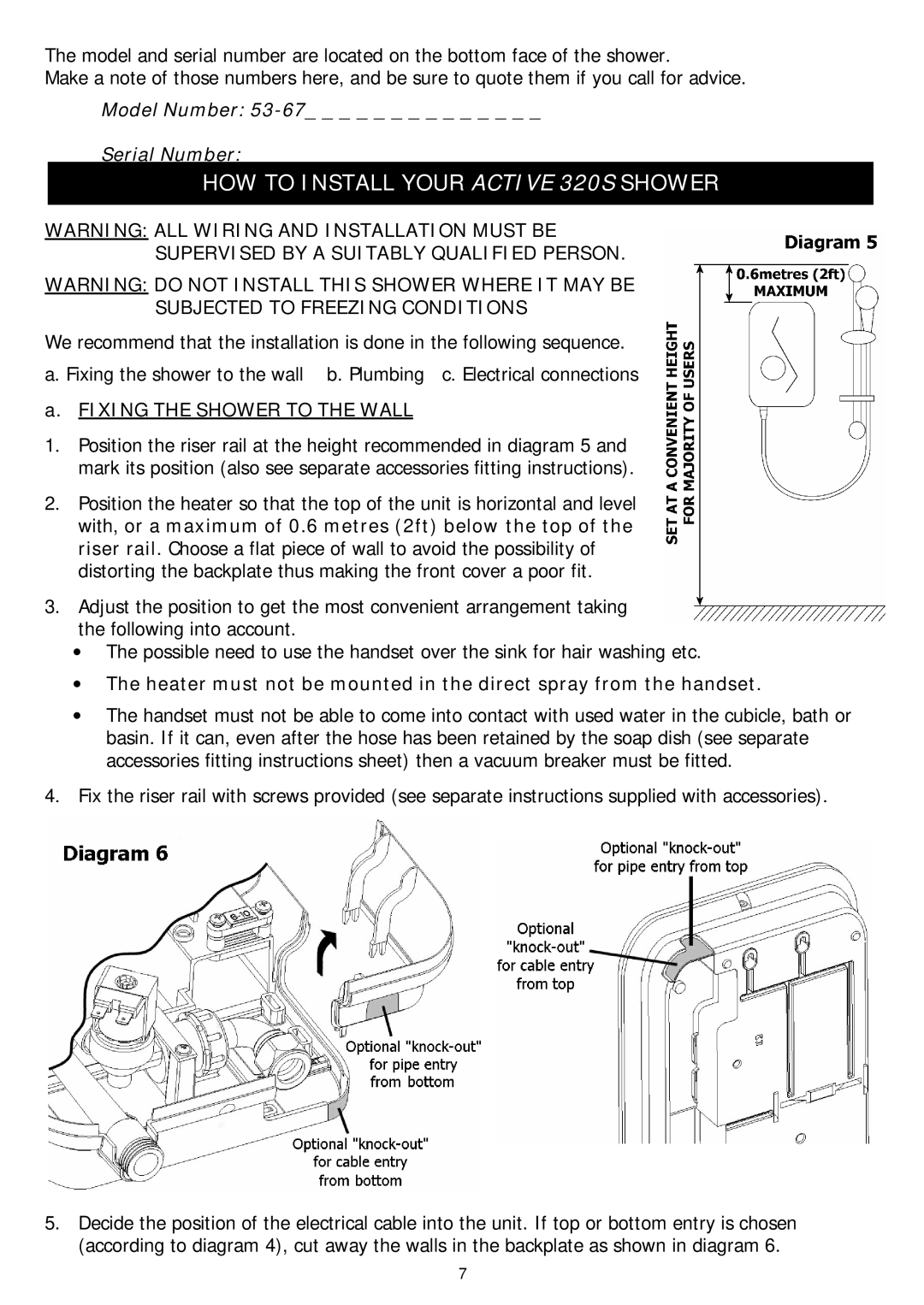 Redring manual HOW to Install Your Active 320S Shower, Fixing the Shower to the Wall 