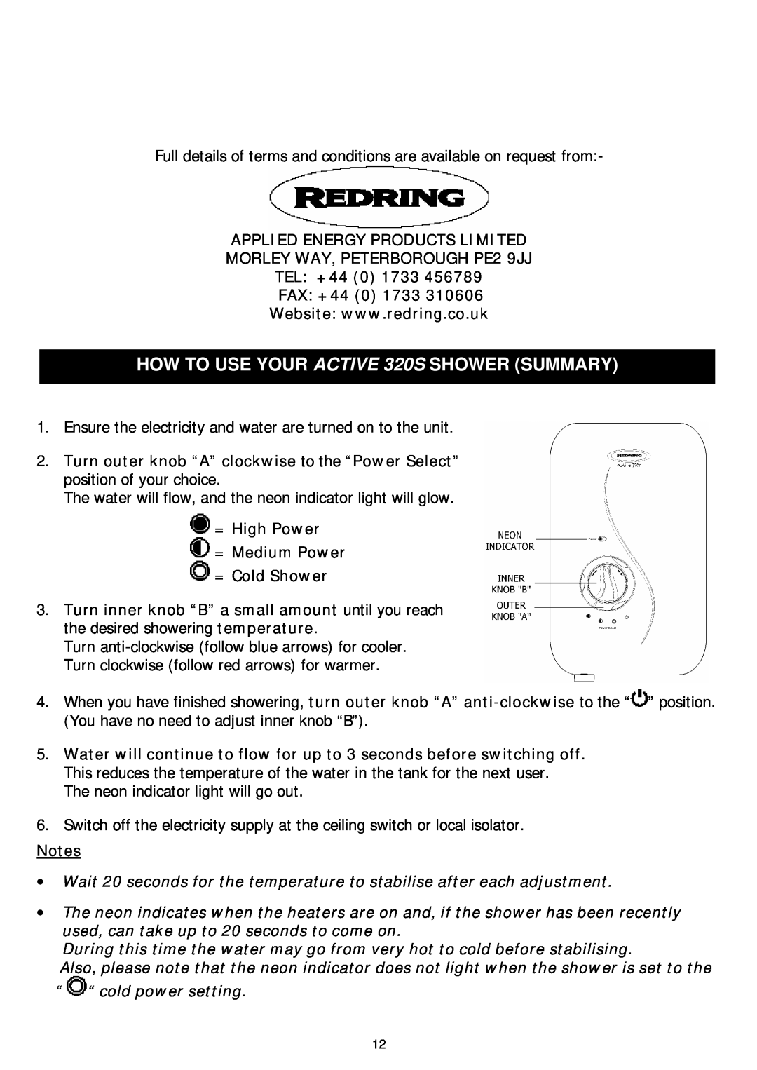 Redring manual HOW TO USE YOUR ACTIVE 320S SHOWER SUMMARY 