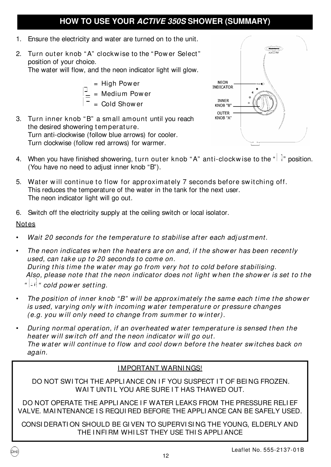 Redring manual HOW to USE Your Active 350S Shower Summary 