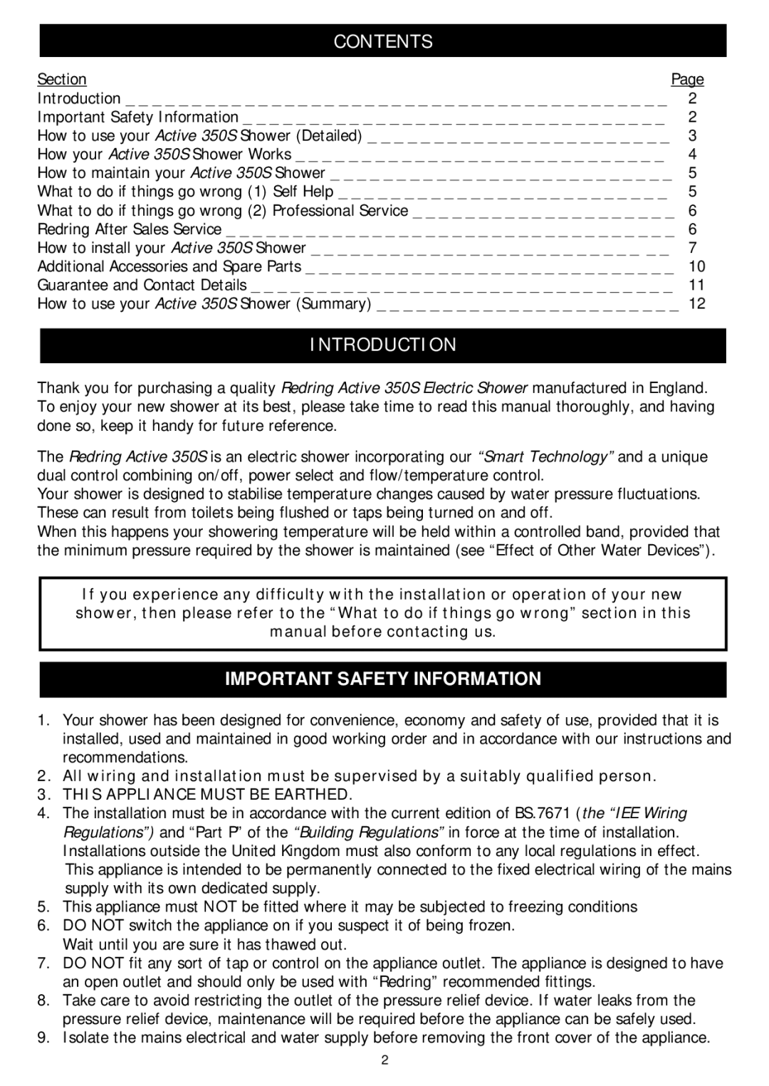 Redring 350S manual Contents, Introduction 