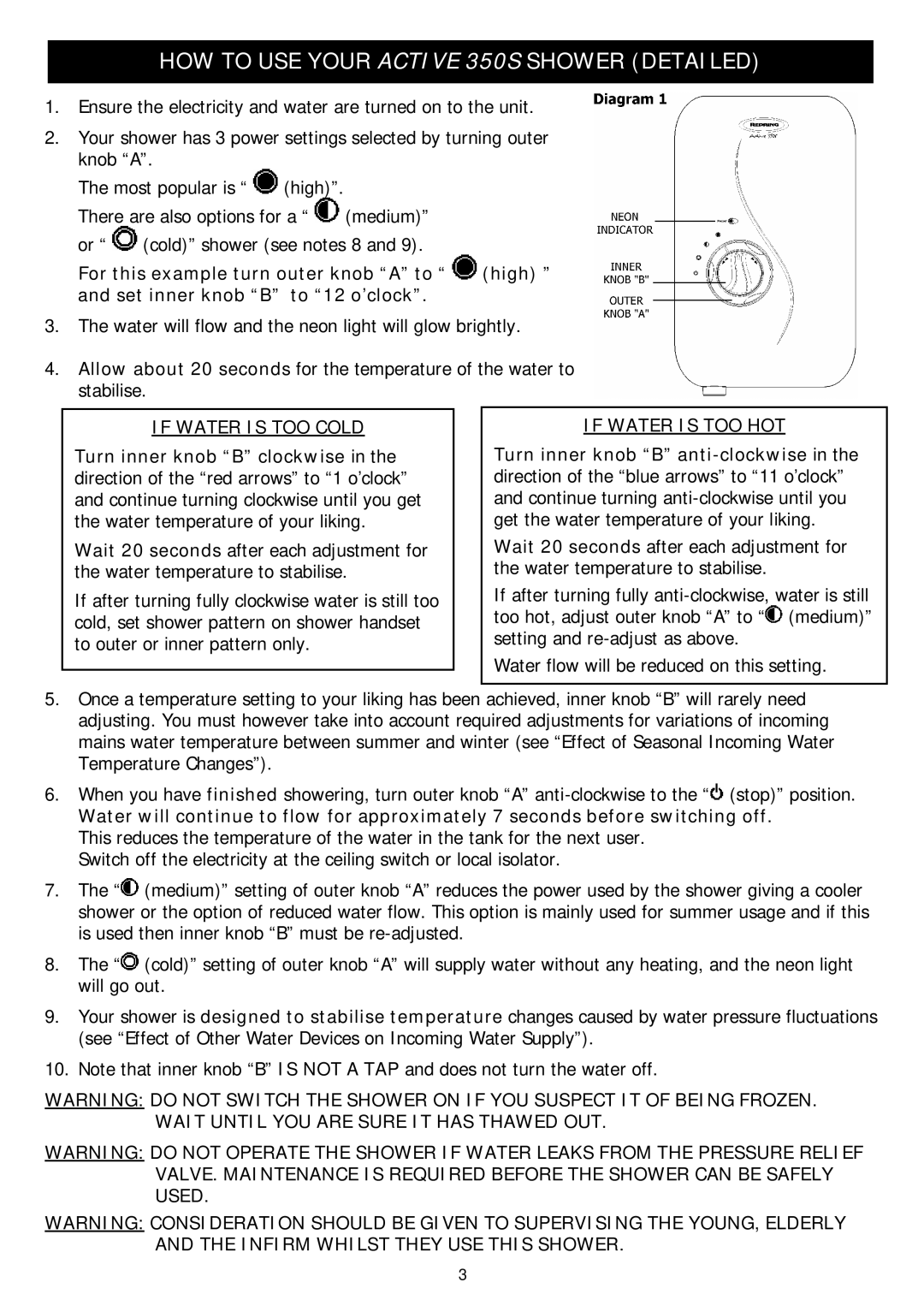 Redring manual HOW to USE Your Active 350S Shower Detailed, If Water is TOO Cold 