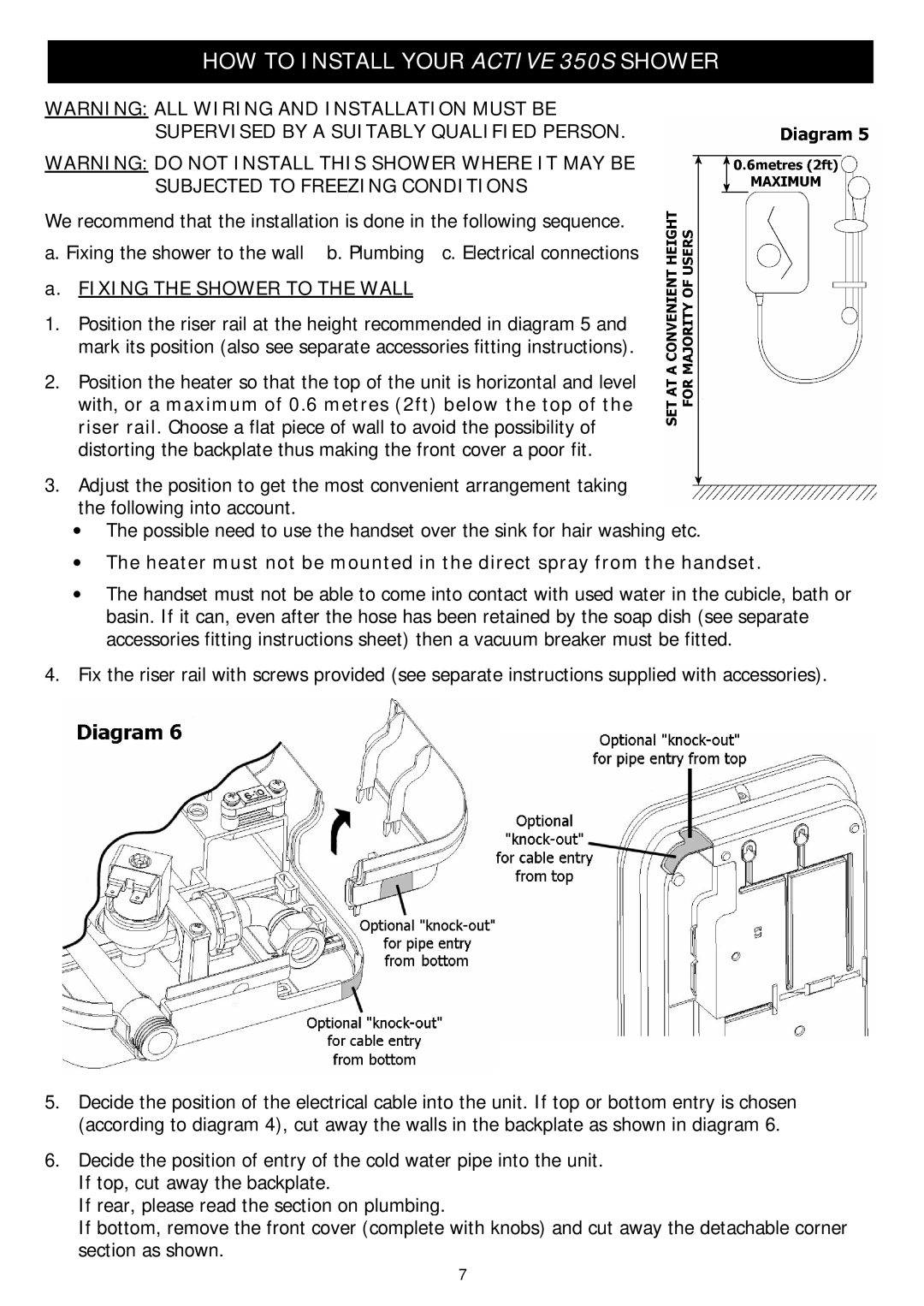 Redring manual HOW to Install Your Active 350S Shower, Fixing the Shower to the Wall 