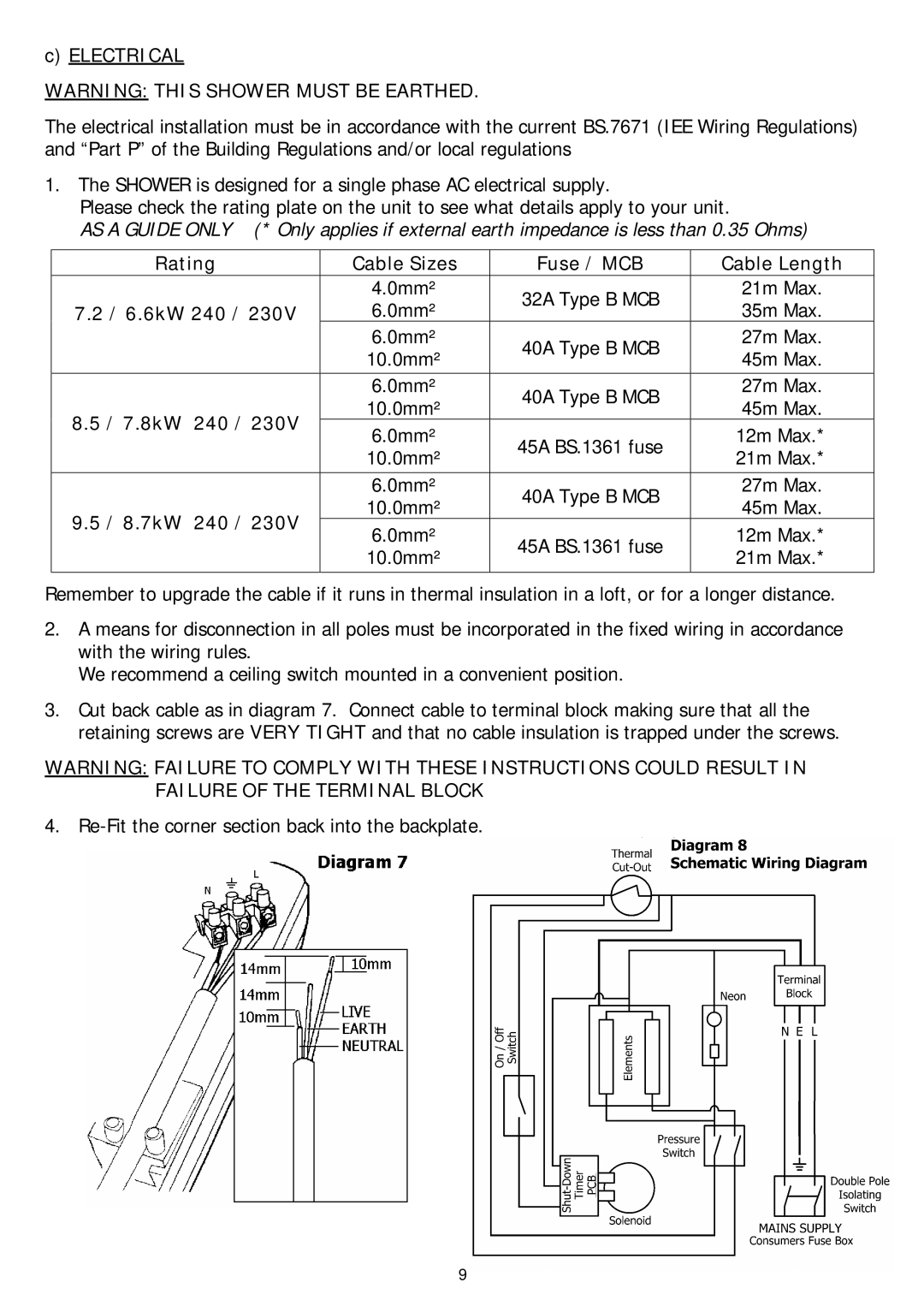 Redring 350S manual Electrical, Rating Cable Sizes Fuse / MCB Cable Length, 6.6kW 240, 7.8kW 240, 8.7kW 240 