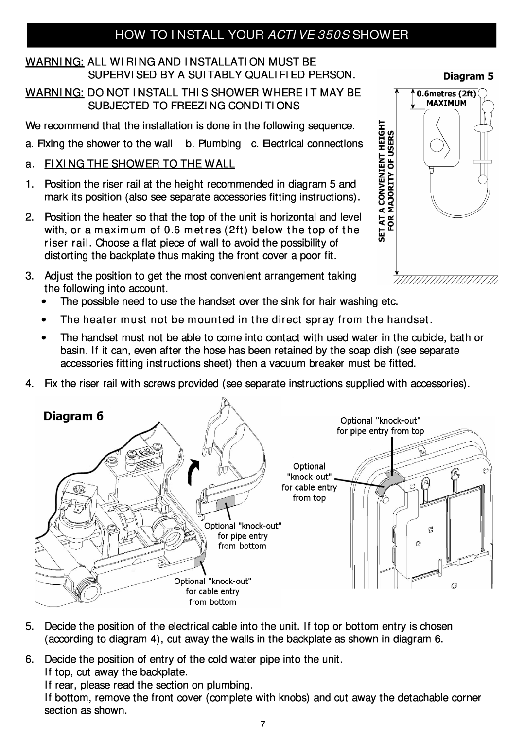 Redring manual HOW TO INSTALL YOUR ACTIVE 350S SHOWER, Warning All Wiring And Installation Must Be 