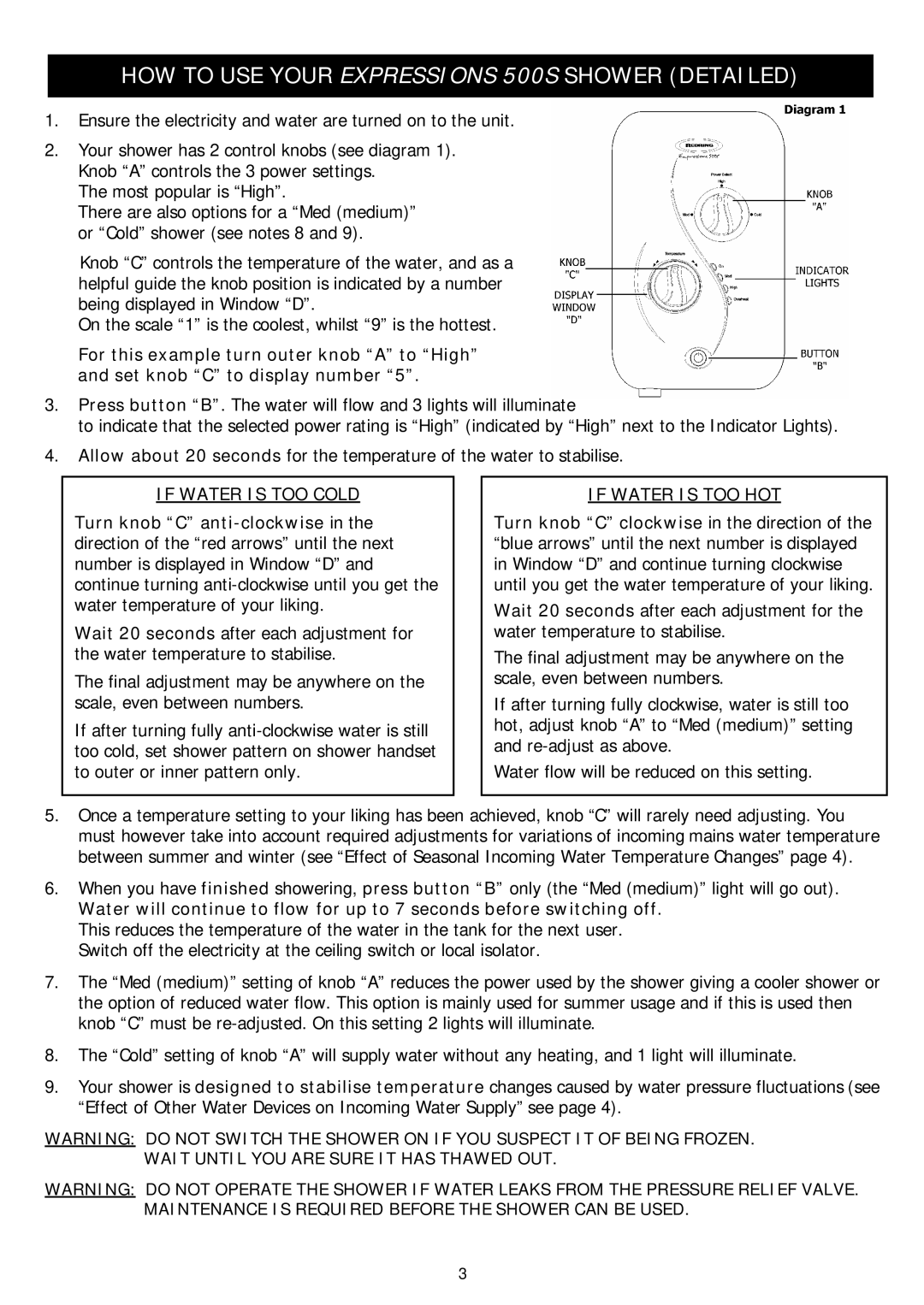 Redring manual HOW to USE Your Expressions 500S Shower Detailed, If Water is TOO Cold 