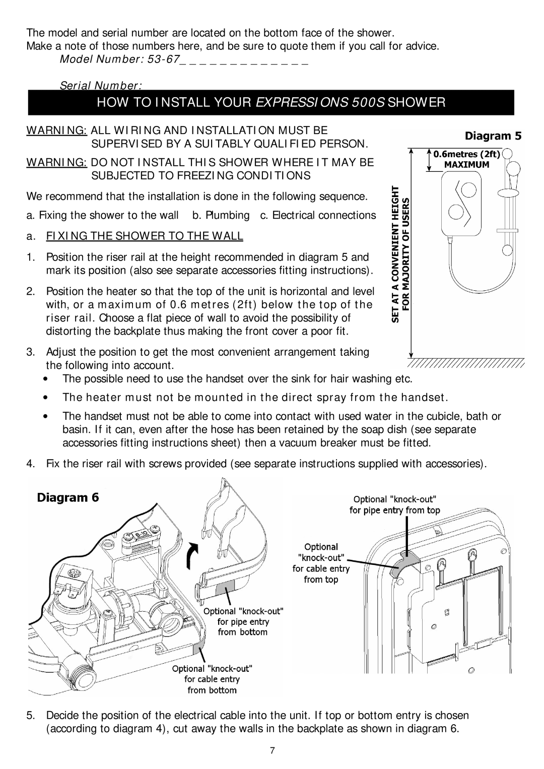 Redring manual HOW to Install Your Expressions 500S Shower, Fixing the Shower to the Wall 