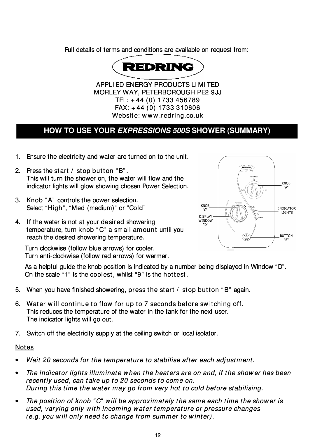 Redring manual HOW TO USE YOUR EXPRESSIONS 500S SHOWER SUMMARY, Applied Energy Products Limited 