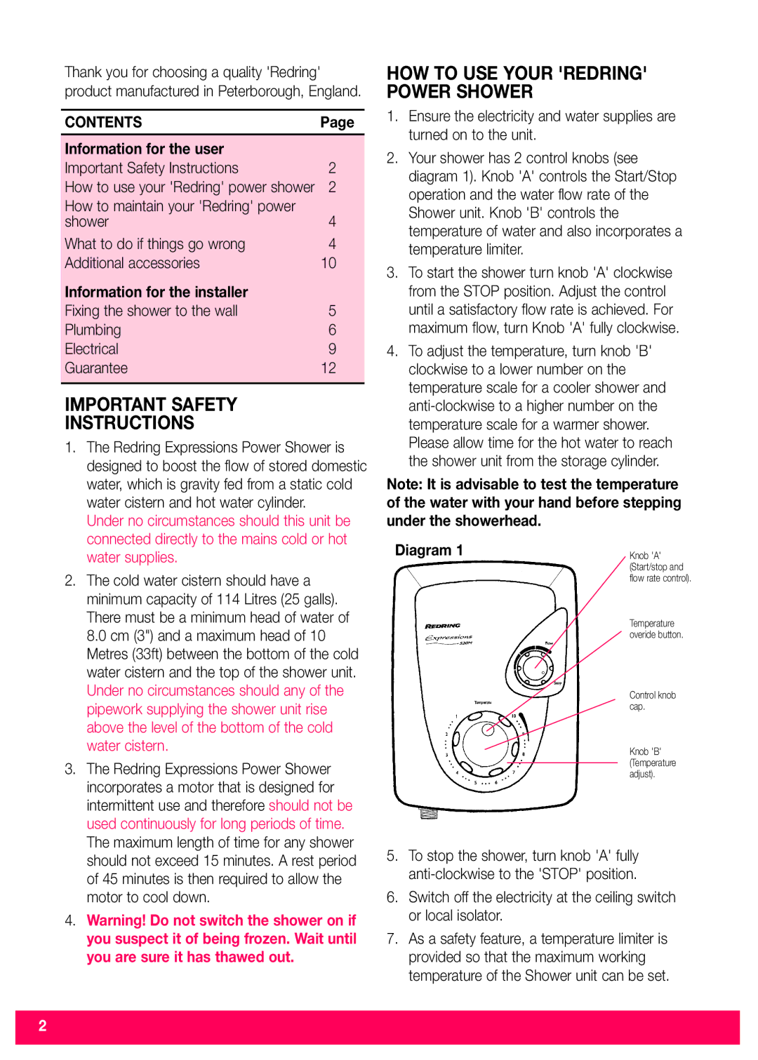 Redring 520M/520TS installation instructions Important Safety Instructions, Contents 