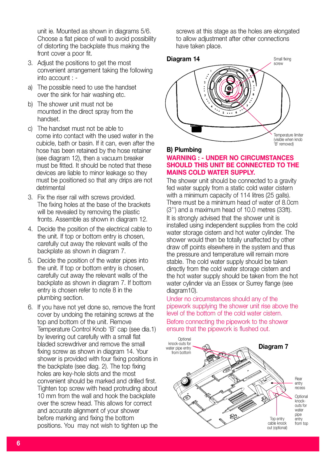 Redring 520M/520TS installation instructions Fix the riser rail with screws provided, Plumbing 