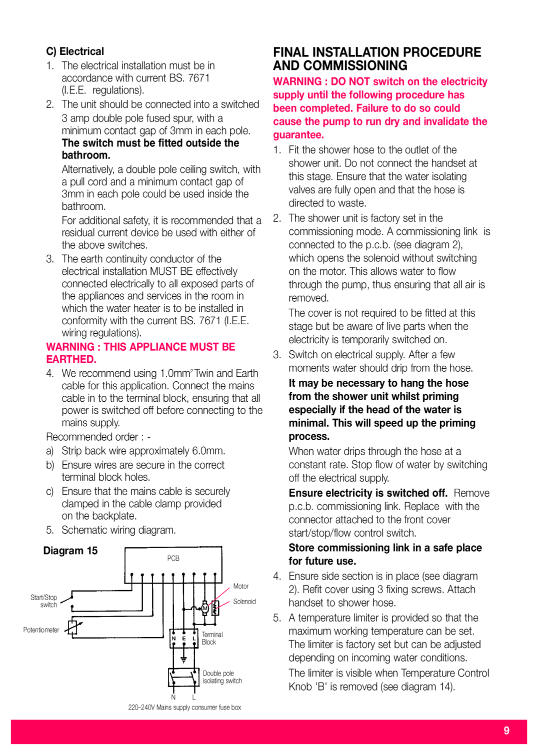 Redring 520M/520TS installation instructions Electrical, Store commissioning link in a safe place for future use 