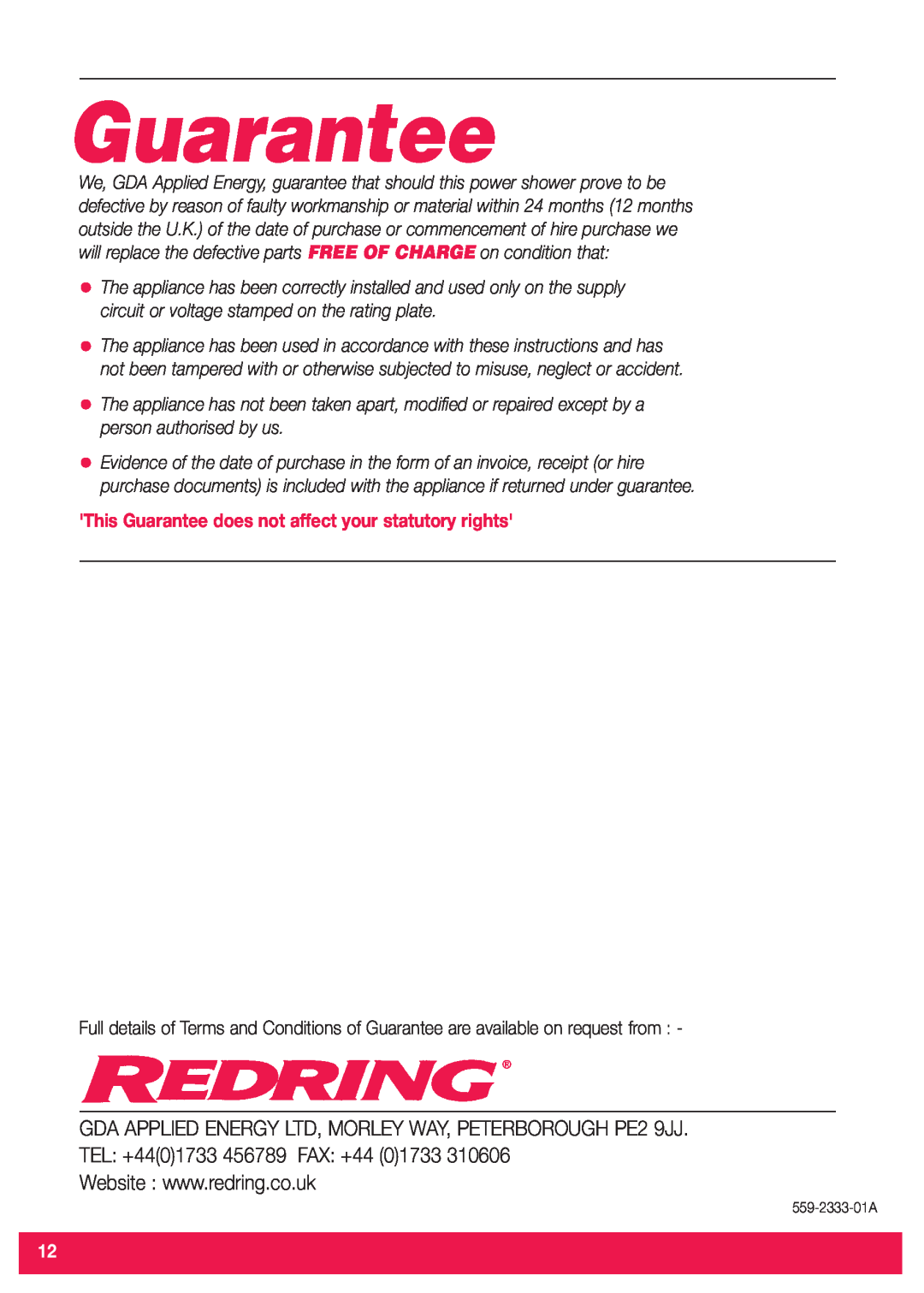 Redring 520M/520TS installation instructions This Guarantee does not affect your statutory rights 