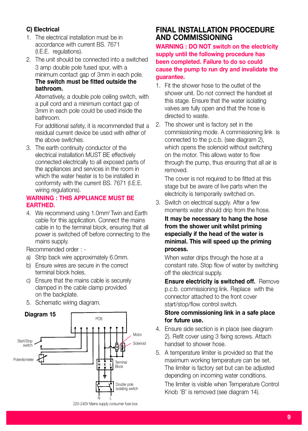 Redring 520M, 520TS installation instructions Electrical, Store commissioning link in a safe place for future use 