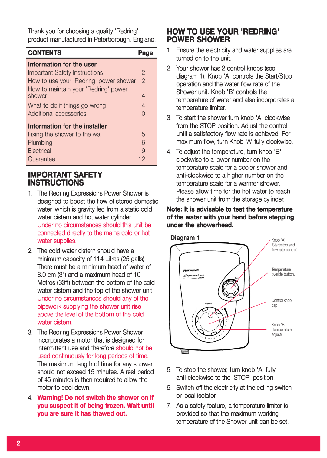Redring 520TS Important Safety Instructions, Contents, Information for the user, Information for the installer, Diagram 