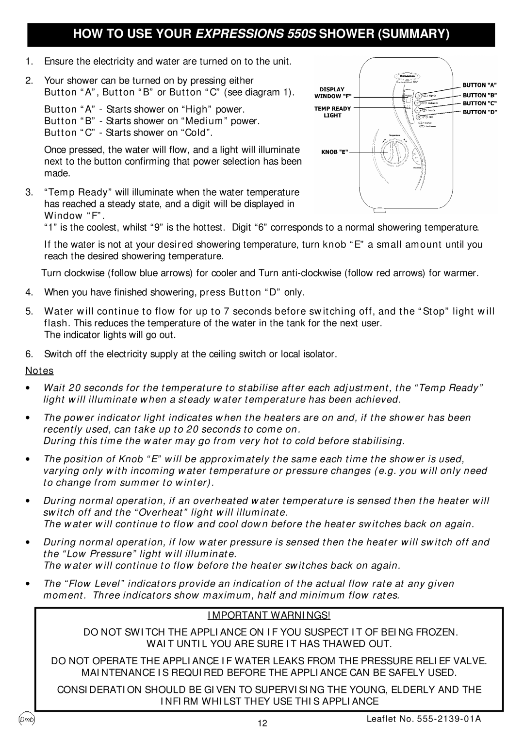 Redring manual HOW to USE Your Expressions 550S Shower Summary 