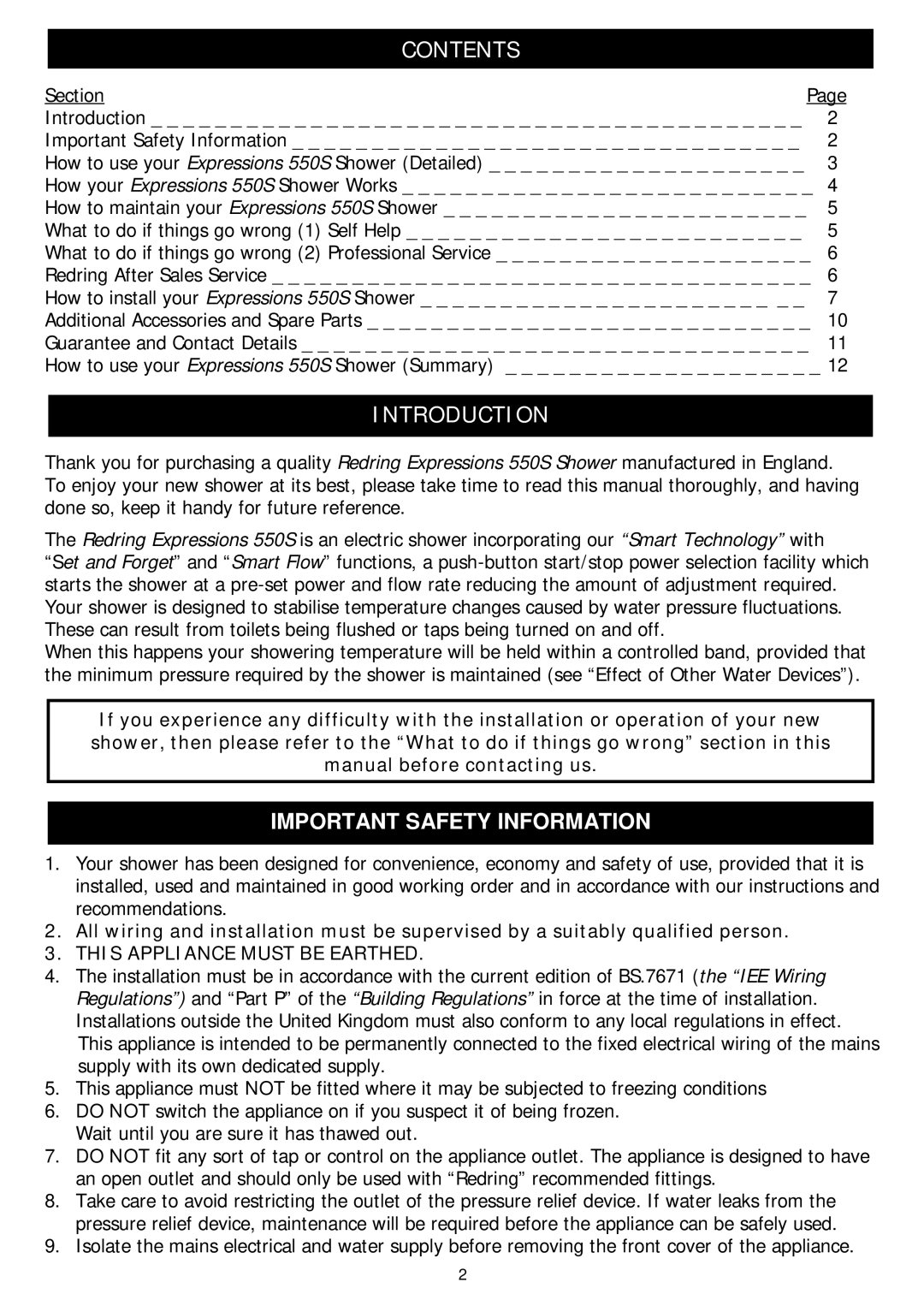 Redring 550S manual Contents, Introduction 