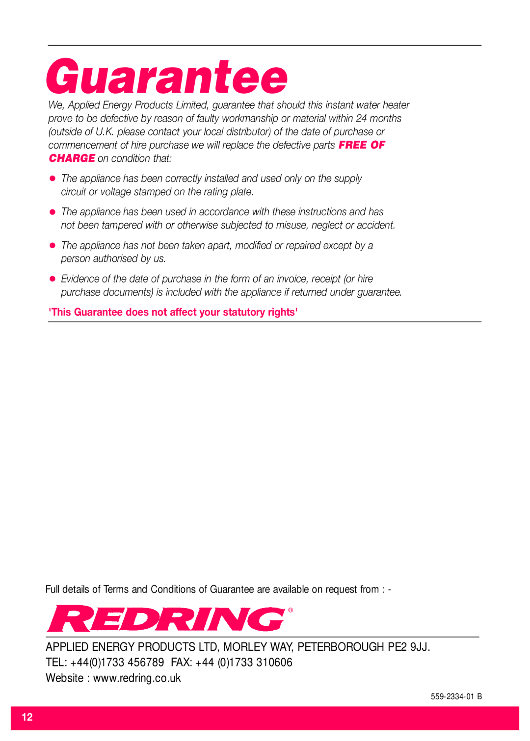 Redring 570 installation instructions Guarantee 