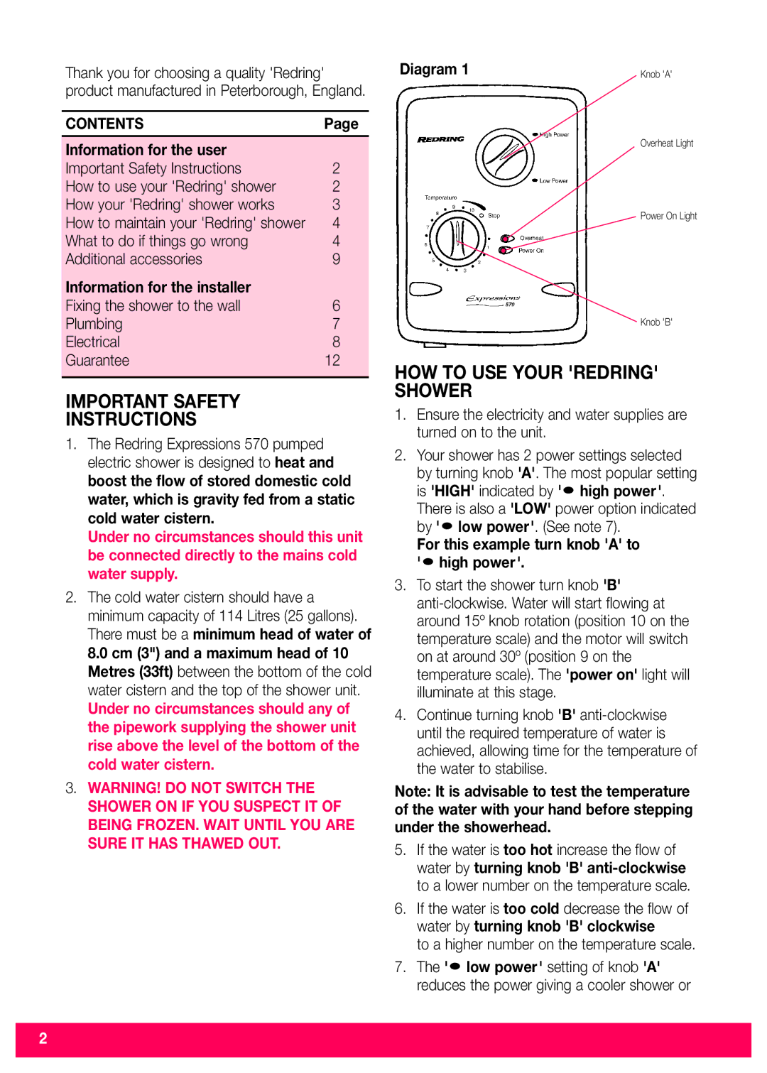 Redring 570 installation instructions Important Safety Instructions, HOW to USE Your Redring Shower 