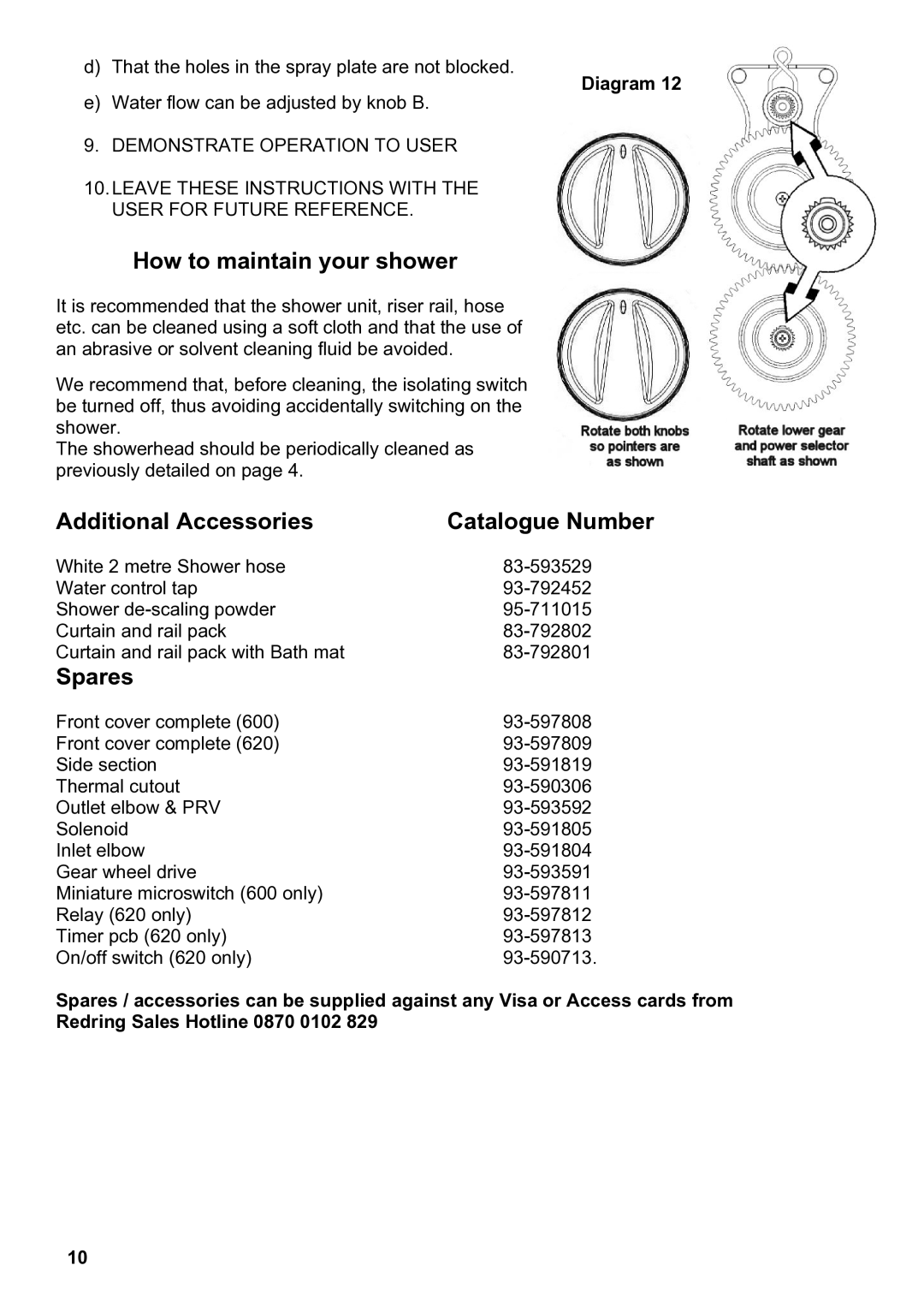 Redring 620, 600 manual How to maintain your shower, Additional Accessories Catalogue Number, Spares 