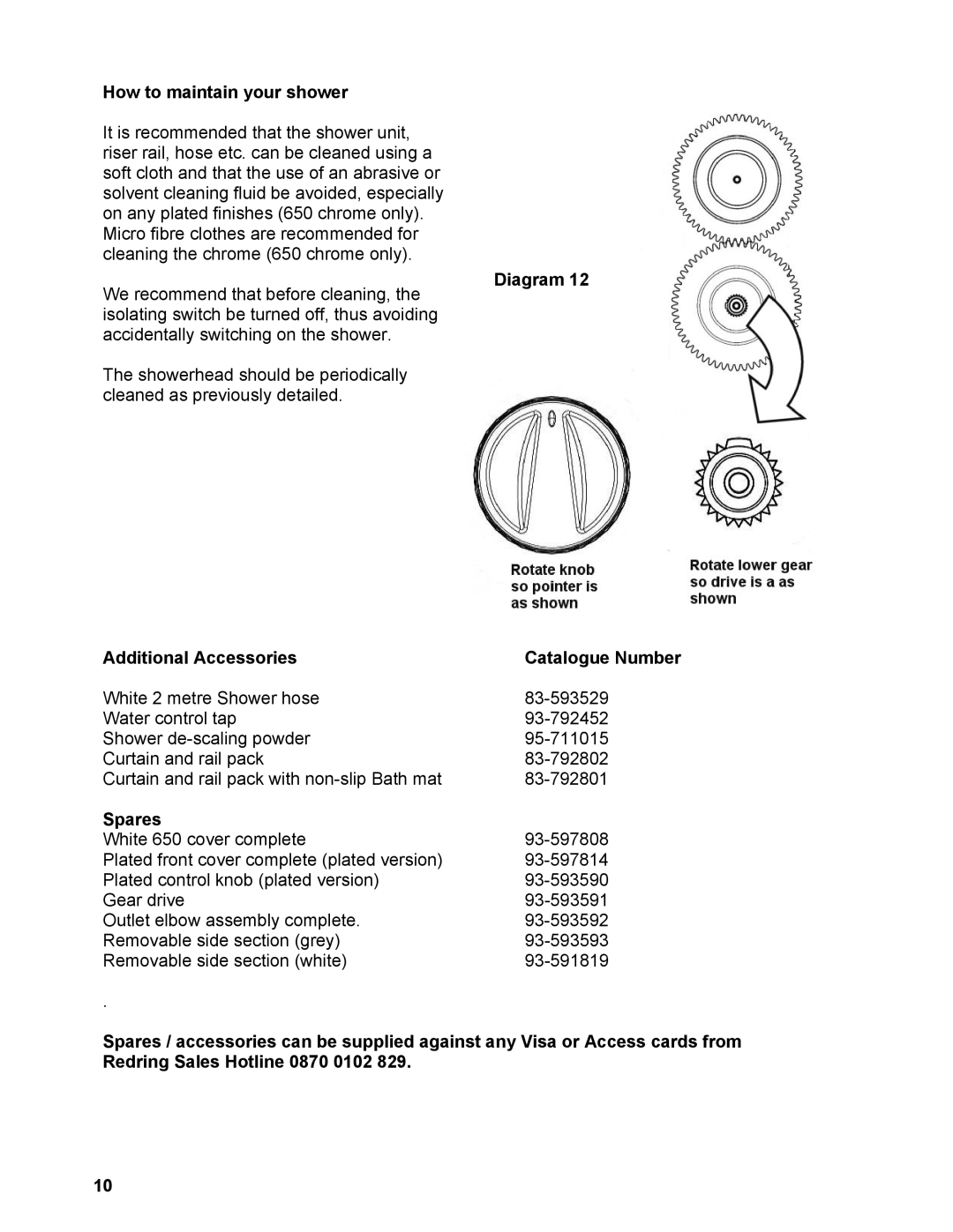 Redring 650 manual How to maintain your shower, Diagram Additional Accessories Catalogue Number, Spares 