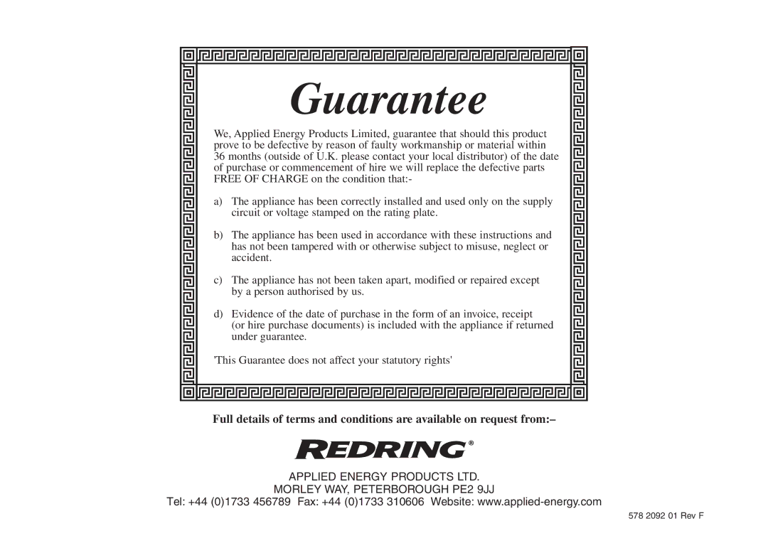 Redring 7000 manual Guarantee 