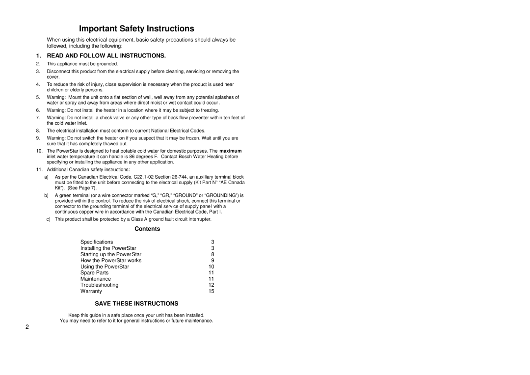 Redring AE125, AE115 manual Important Safety Instructions, Contents 