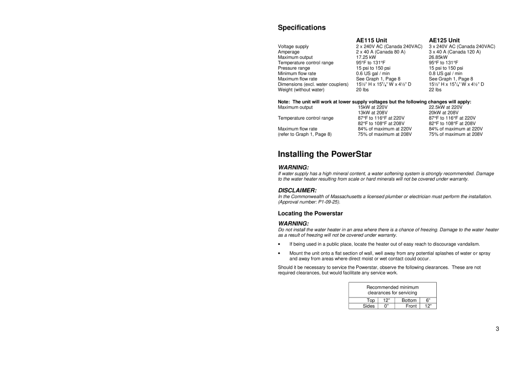 Redring manual Installing the PowerStar, Specifications, AE115 Unit AE125 Unit, Locating the Powerstar 