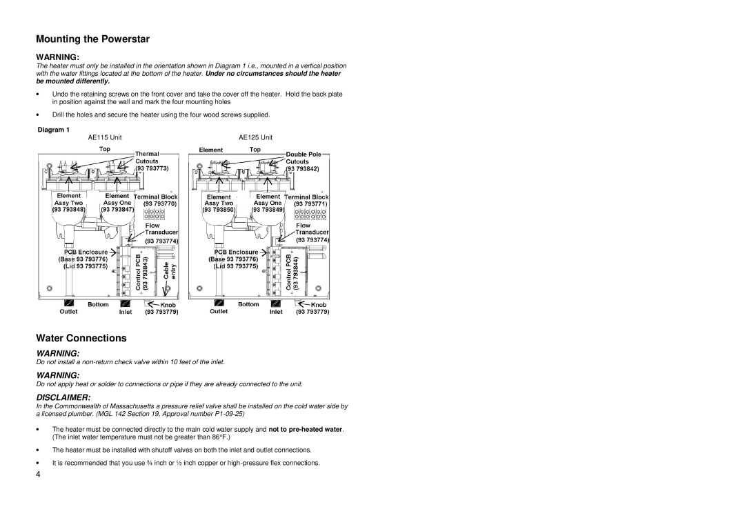 Redring AE125, AE115 manual Mounting the Powerstar, Water Connections, Diagram 