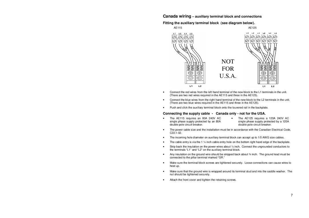 Redring AE115, AE125 manual Not For, Connecting the supply cable Canada only not for the USA 