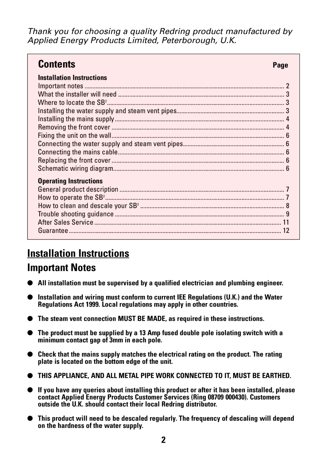 Redring CD-RW901SL operating instructions Contents, Installation Instructions Important Notes 