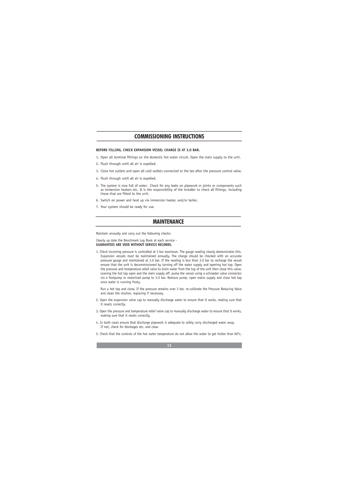 Redring DC3810 manual Commissioning Instructions, Maintenance, Before FILLING, Check Expansion Vessel Charge is AT 3.0 BAR 