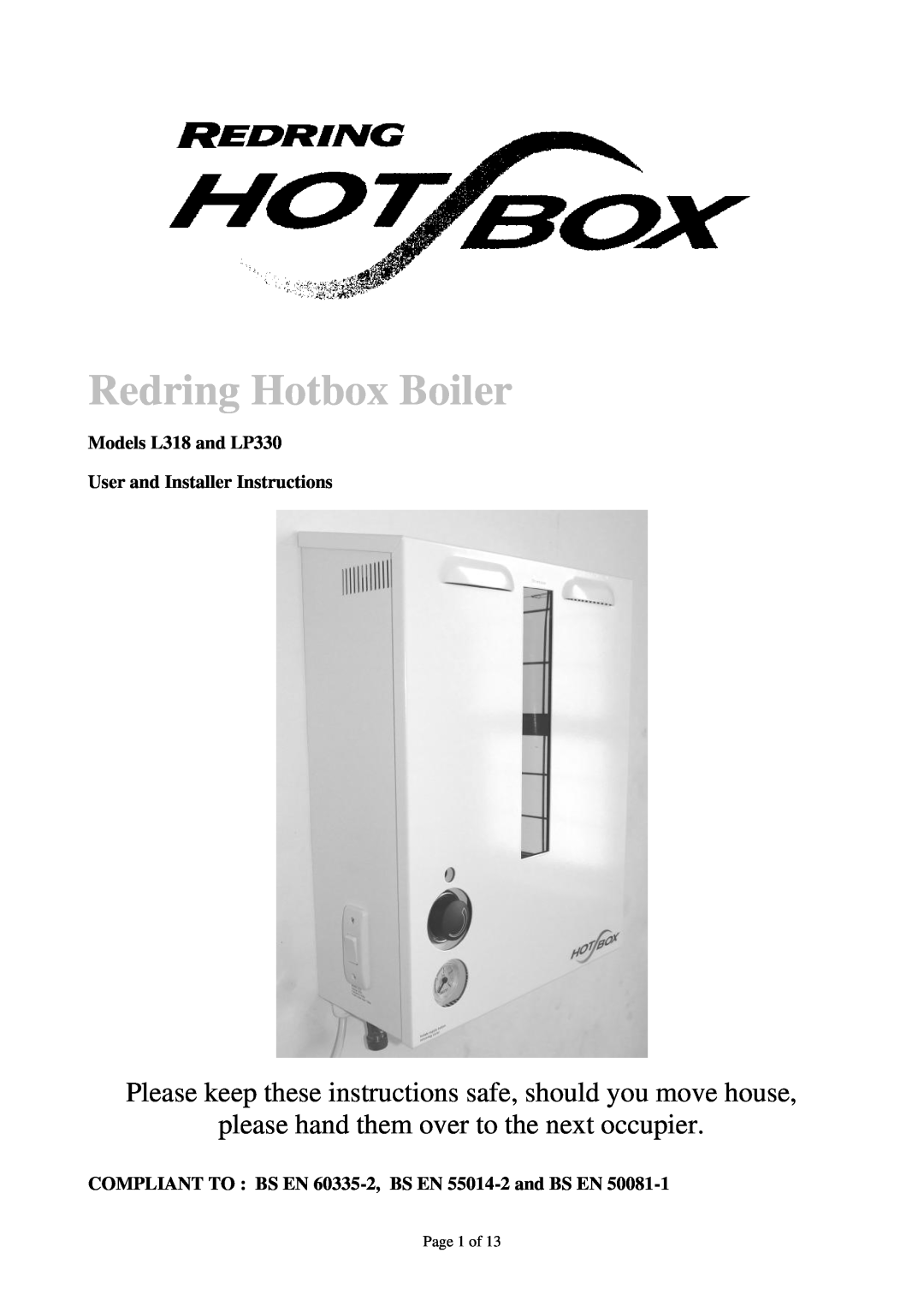 Redring manual Models L318 and LP330, User and Installer Instructions, Redring Hotbox Boiler 