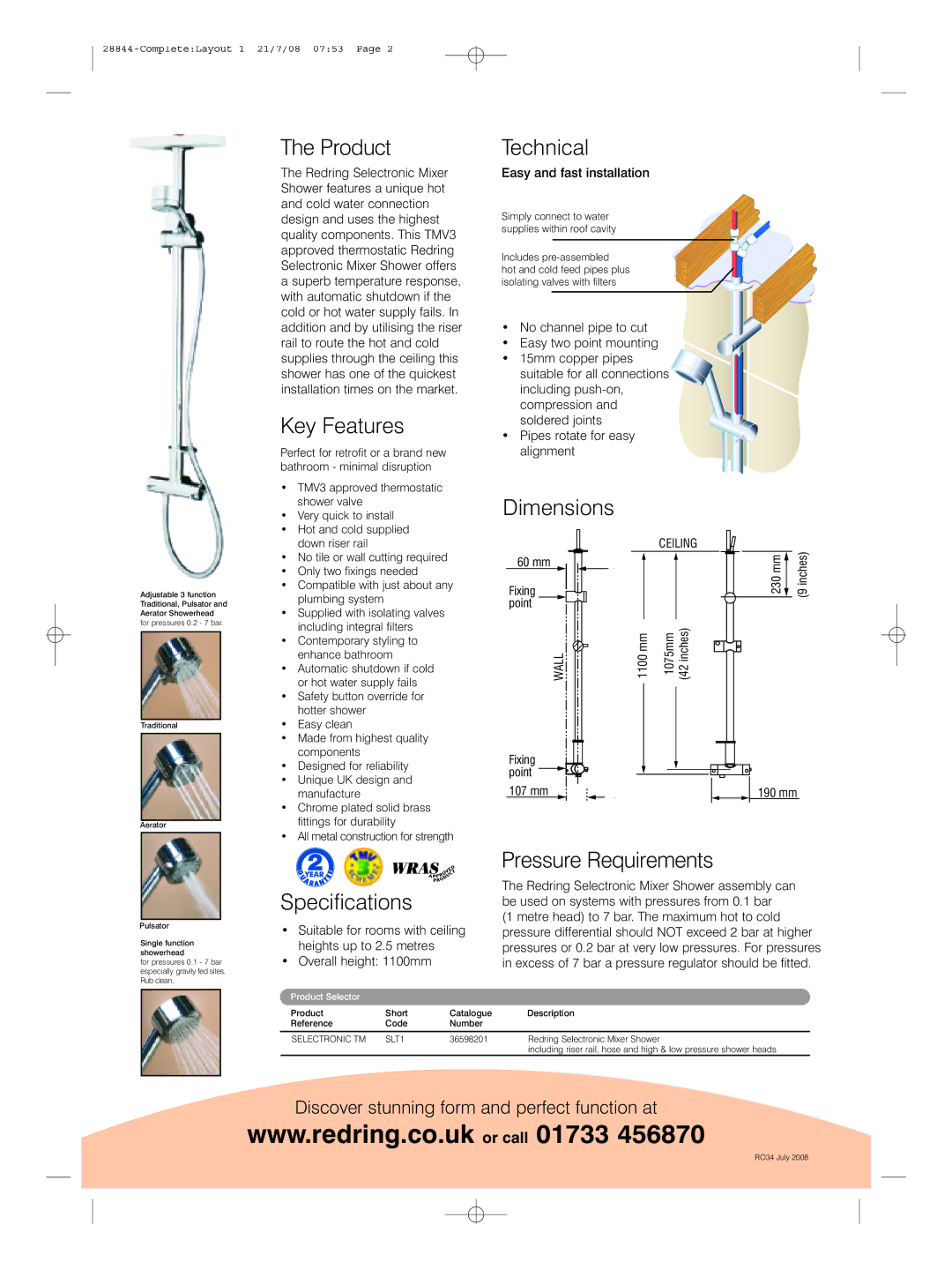 Redring TMV3 manual Product, Key Features, Technical, Dimensions, Specifications, Pressure Requirements 