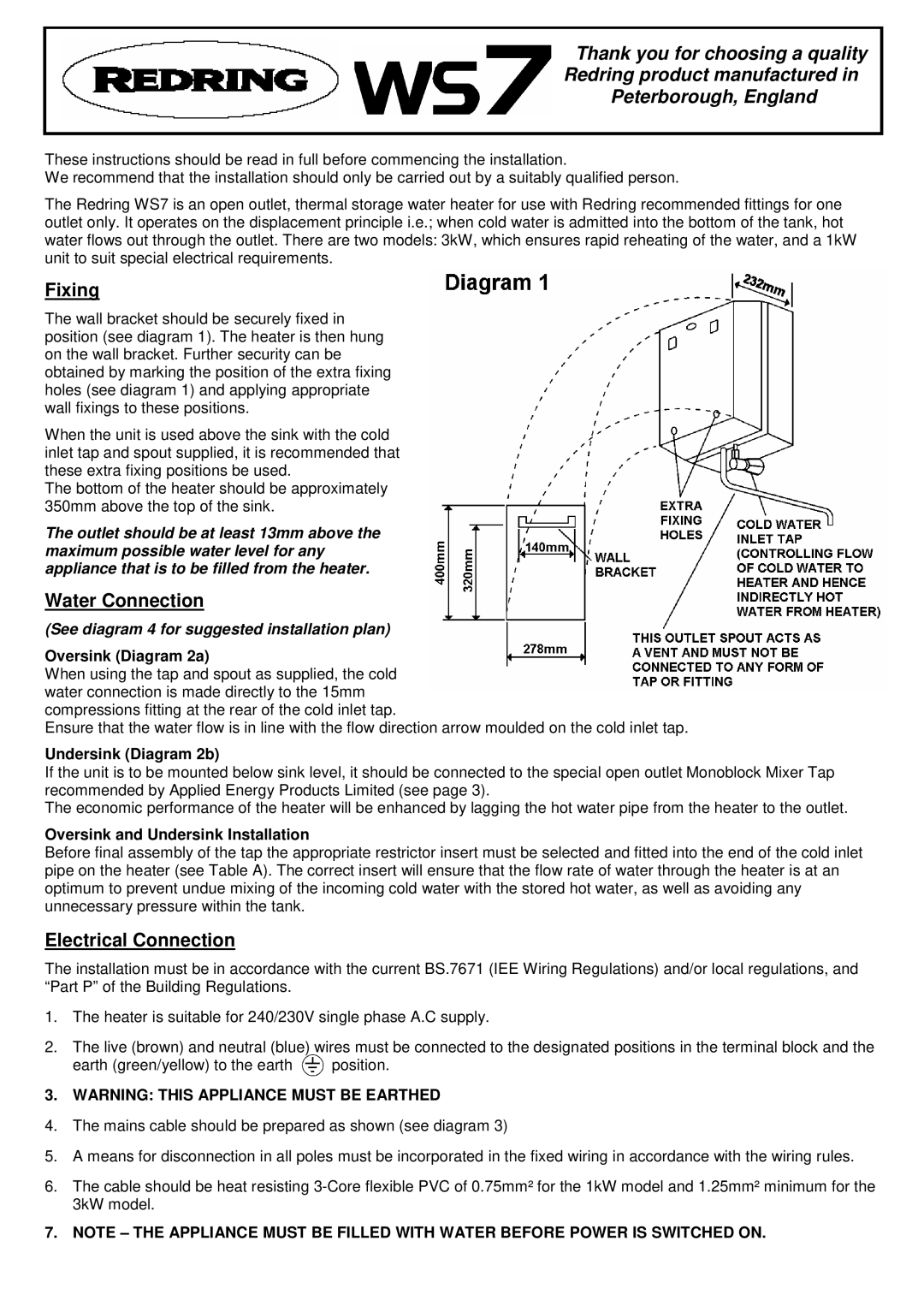 Redring WS7 manual Fixing, Water Connection, Electrical Connection 