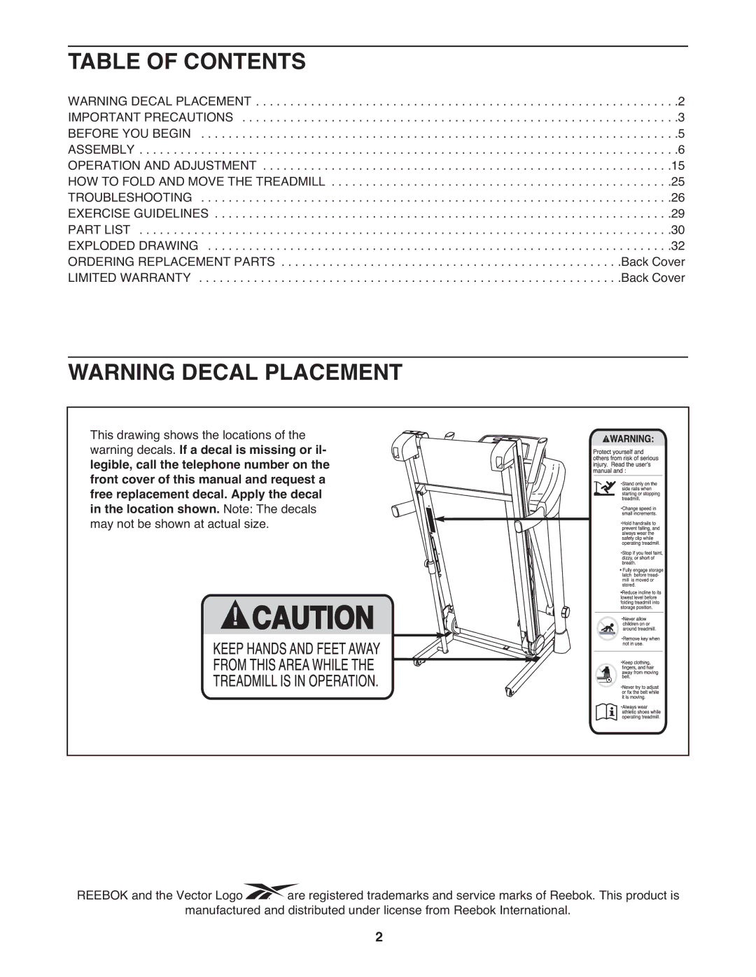 Reebok 5 manual Table of Contents 