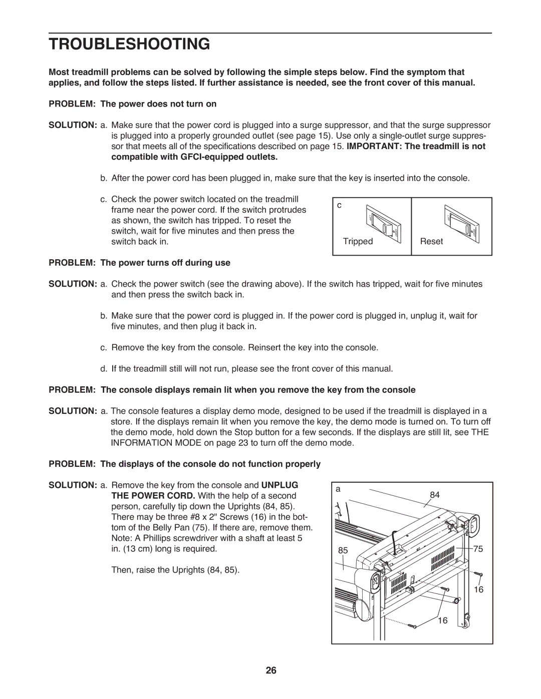 Reebok 5 manual Troubleshooting, Compatible with GFCI-equipped outlets, Problem The power turns off during use 