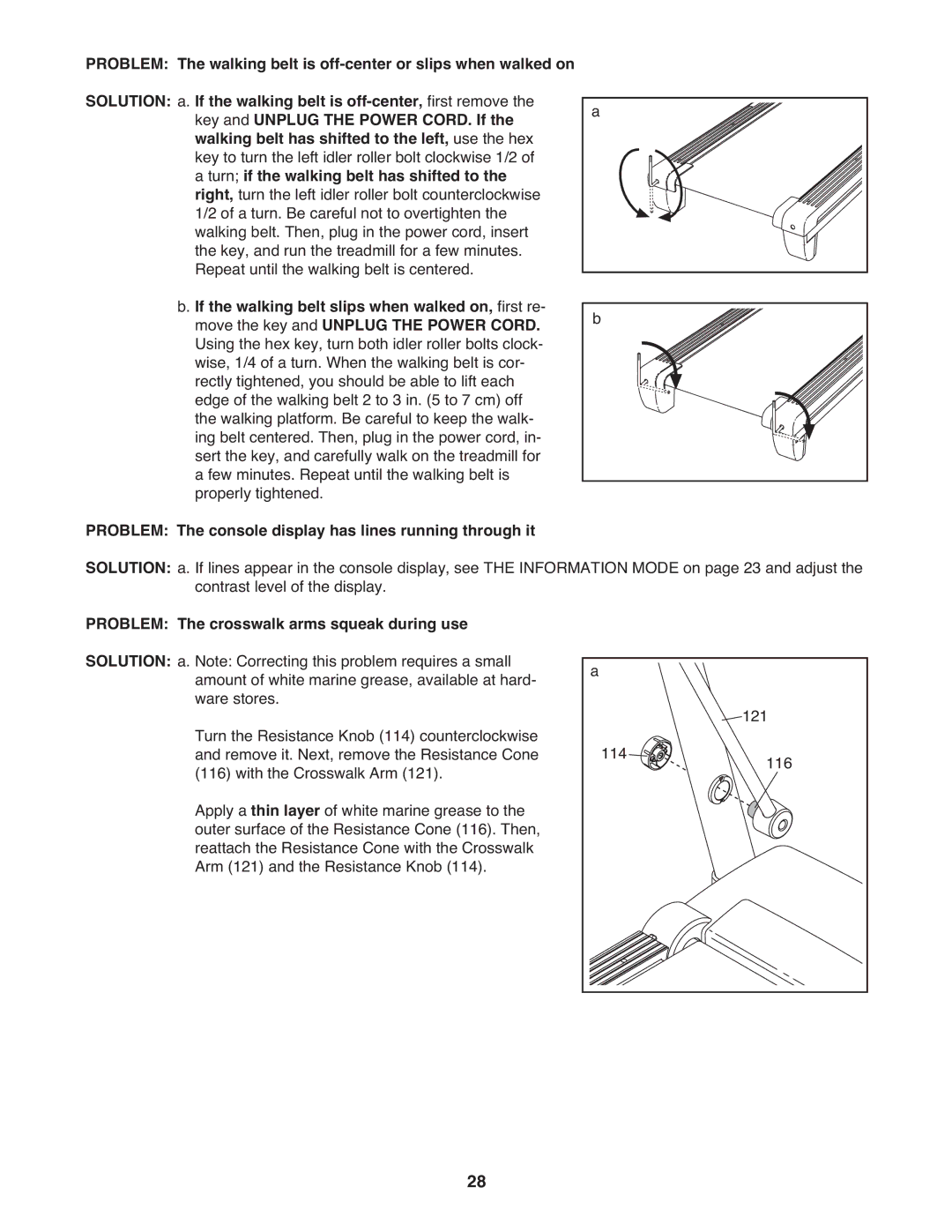 Reebok 5 manual Problem The console display has lines running through it, Problem The crosswalk arms squeak during use 