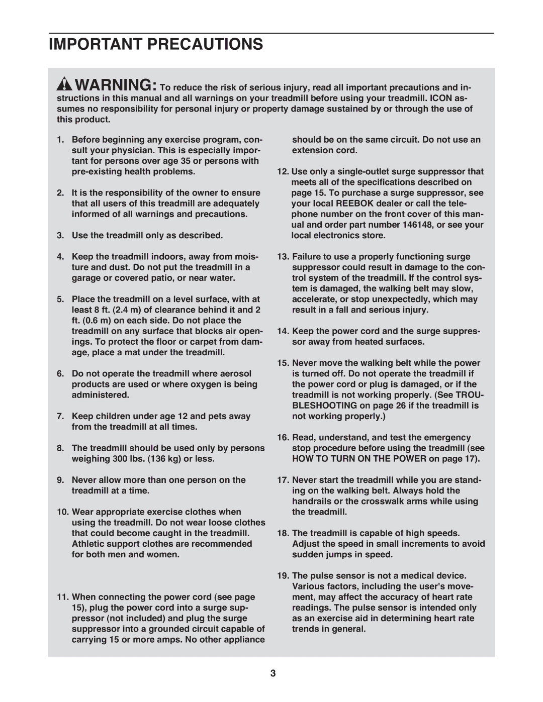 Reebok 5 manual Important Precautions 