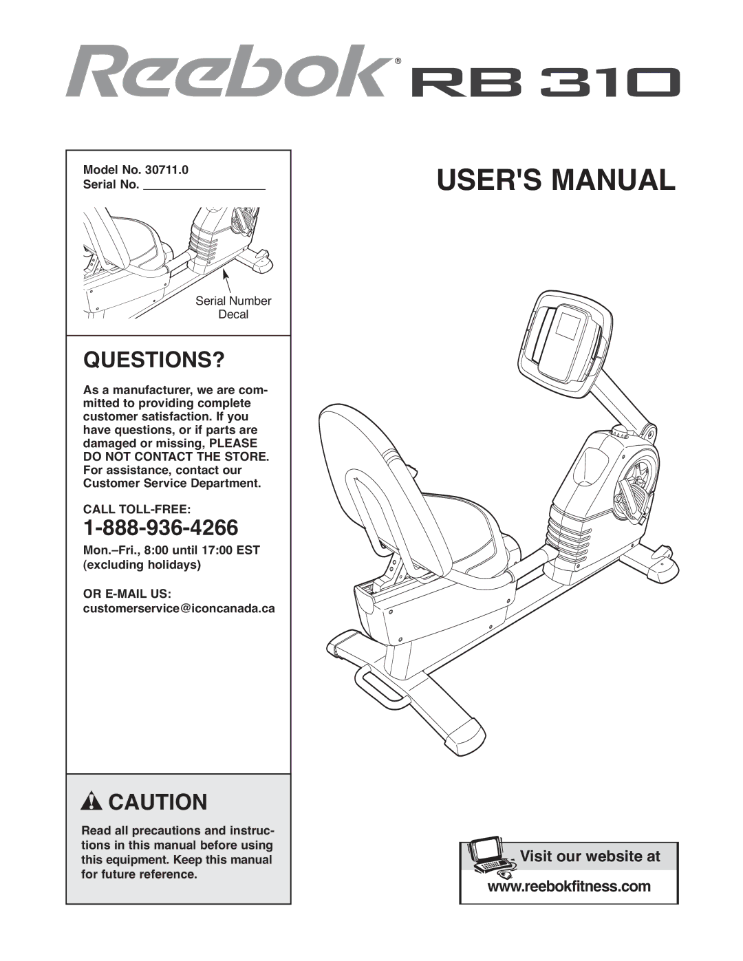 Reebok Fitness 30711.0 manual Questions?, Model No Serial No 